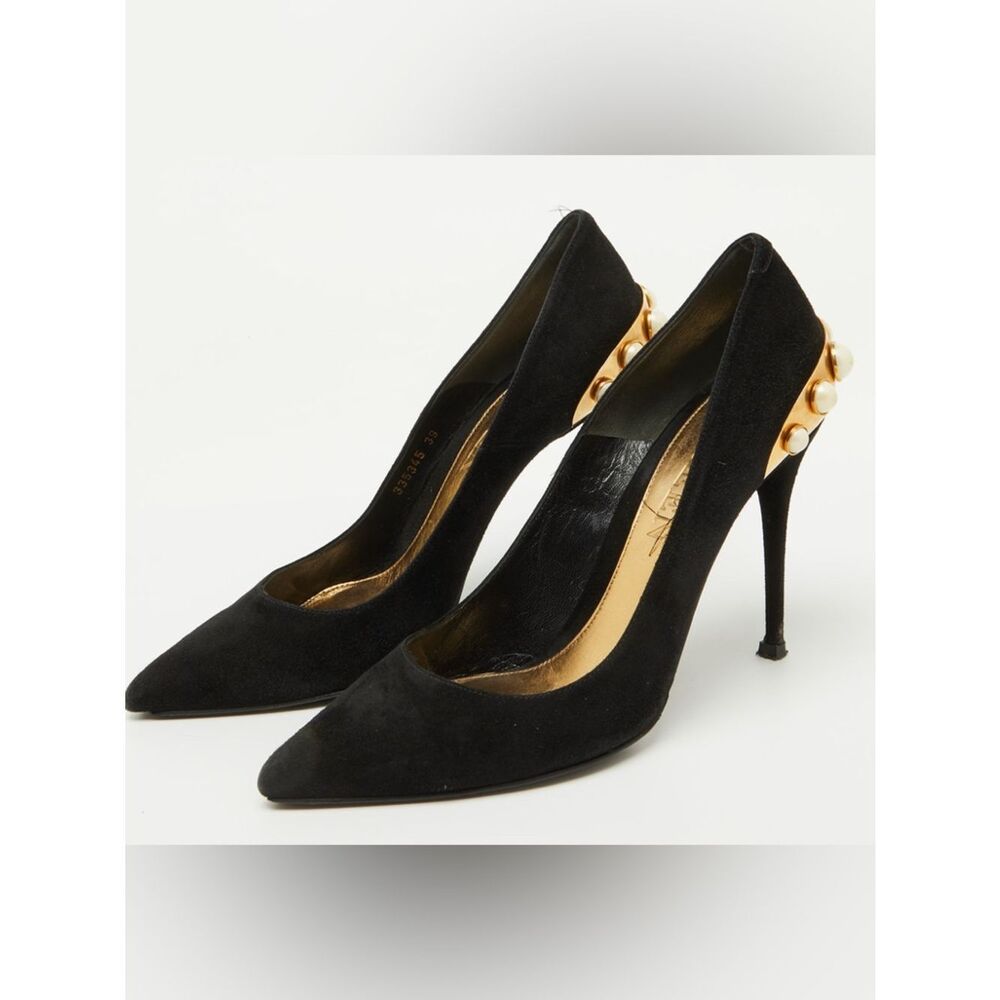 Alexander McQueen Black Suede Pearl Embellished Pointed Toe Pumps